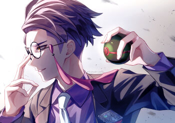 1boy absurdres adjusting_eyewear black-framed_eyewear collared_shirt commentary_request corbeau_(pokemon) dusk_ball glasses grin hands_up highres holding holding_poke_ball jacket kuro015896 long_sleeves male_focus necktie nintendo open_clothes open_jacket poke_ball pokemon pokemon_legends:_z-a purple_shirt round_eyewear shirt short_hair smile solo teeth twitter_username upper_body yellow_eyes