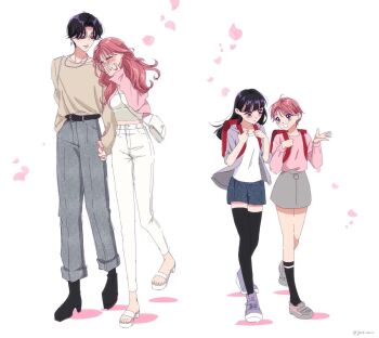 2girls age_progression aged_up aoi-kun_ga_ikemen_sugite_tsurai aoi_(aoi-kun_ga_ikemen_sugite_tsurai) backpack bag black_boots black_socks black_thighhighs blue_shorts boots brown_shirt closed_mouth commentary_request earrings falling_petals grey_pants grey_shoes grey_skirt hand_up holding_hands interlocked_fingers jewelry long_hair miri_(aoi-kun_ga_ikemen_sugite_tsurai) multiple_girls necklace open_mouth pants petals pink_hair pink_shirt purple_eyes purple_hair purple_shoes sandals shirt shoes short_hair shorts simple_background skirt smile socks thighhighs toes white_background white_pants white_sandals white_shirt yanqi_momota yuri