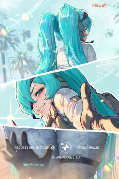 1girl artist_name backpack bag battlefield_(series) battlefield_6 black_gloves camouflage camouflage_pants cross cross_print day english_text eyepatch gloves green_hair grin hatsune_miku headphones highres long_hair outdoors pants prywinko smile teeth twintails vocaloid