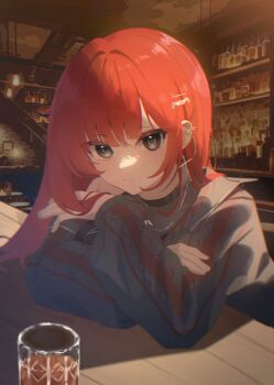 1girl absurdres akane_lize black_choker choker closed_mouth commentary cropped_torso cross cross_earrings earrings expressionless film_grain glass grey_eyes grey_jacket hair_ornament hairclip highres indoors jacket jewelry k_cyp long_hair long_sleeves looking_at_viewer red_hair single_off_shoulder sitting solo stellive straight_hair symbol-only_commentary virtual_youtuber