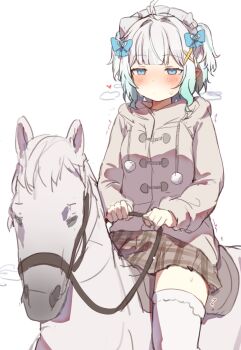 1girl ahoge alternate_costume aqua_hair black_skirt blue_bow blue_eyes bow closed_mouth commentary densetsu.exe english_commentary gradient_hair grey_hair grey_hoodie hair_bow hair_ornament heart highres hood hoodie horse horseback_riding looking_at_viewer maid_headdress medium_hair mint_fantome multicolored_hair orobou riding skirt solo thighhighs white_headdress white_thighhighs x_hair_ornament