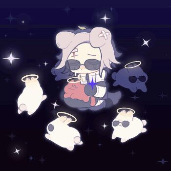 1049927422 1boy animal animal_ears animalization animated animated_gif aotsuki_eito bandaid bandaid_on_face bandaid_on_forehead black_gloves blood cat chibi chibi_only chinese_commentary closed_eyes commentary_request crying dog_boy dog_ears dog_tail eyewear_on_animal gloves grey_hair halo holding holding_animal holding_cat jacket kemonomimi_mode kneeling looping_animation male_focus rabbit short_hair star_(sky) sumino_takumi sunglasses tail the_hundred_line_-last_defense_academy- white_jacket