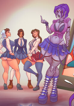 4girls absurdres ass black_bra black_footwear black_lips blue_skirt blue_thighhighs book boots bra breasts brown_footwear capcom chun-li crossed_legs detached_sleeves earrings fingerless_gloves fishnet_thighhighs fishnets furrowed_brow gloves goth_fashion hands_on_own_hips high_heels highres holding holding_book jewelry lara_croft large_breasts long_hair middle_finger midriff miniskirt multiple_girls multiple_rings navel necktie non-web_source panties pink_shirt pleated_skirt purple_hair raven_(dc) red_skirt ring school_uniform shirt short_hair single_earring skirt sleeve_rolled_up smile smirk socks street_fighter suspenders thighhighs thighhighs_under_boots tifa_lockhart torn_clothes torn_thighhighs underwear vega_versio white_panties white_socks