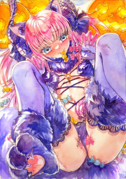 1girl animal_ears blue_eyes blush candy chikinan_tarou claw_pose cosplay elizabeth_bathory_(fate) embarrassed fangs fate/grand_order fate_(series) food fur-trimmed_thighhighs fur_bikini fur_trim gloves heart heart-shaped_pupils highres horns mash_kyrielight mash_kyrielight_(dangerous_beast) mash_kyrielight_(dangerous_beast)_(cosplay) painting_(medium) pink_hair purple_gloves solo symbol-shaped_pupils thighhighs traditional_media watercolor_(medium) wolf_ears