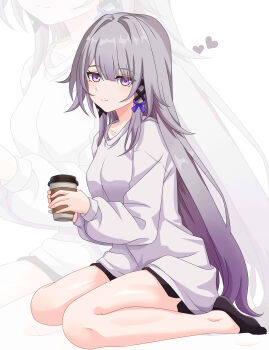 1girl absurdres alternate_costume black_shorts closed_mouth commentary cup disposable_coffee_cup disposable_cup full_body grey_hair hair_ribbon heart herta_(honkai:_star_rail) highres holding holding_cup honkai:_star_rail honkai_(series) long_hair long_sleeves looking_at_viewer maxwelzy purple_eyes purple_hair purple_ribbon ribbon shirt shorts sitting smile solo the_herta_(honkai:_star_rail) thighs very_long_hair wariza white_shirt zoom_layer