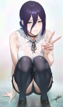 1girl black_hair black_shorts black_thighhighs blush breasts chainsaw_man choker collared_shirt green_eyes hair_between_eyes hair_bun highres looking_at_viewer medium_breasts neck_ribbon reze_(chainsaw_man) ribbon shirt short_hair shorts sleeveless sleeveless_shirt smile solo thighhighs white_shirt zucchini