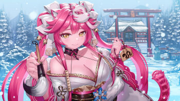 1girl animal_ears bell black_sash blush bow breasts cat_mask chattino_(raora_panthera) cleavage closed_mouth cloud cloudy_sky collarbone crazypen fingernails hair_bow heart_collar holding holding_paintbrush hololive hololive_english japanese_clothes jingle_bell kimono large_breasts long_hair long_sleeves looking_at_viewer mask mask_on_head multicolored_hair nail_polish paintbrush panther_ears panther_girl panther_tail pine_tree pink_hair pink_nails raora_panthera raora_panthera_(new_year) sash shrine sky smile snow_on_tree solo streaked_hair tail torii tree virtual_youtuber white_bow white_kimono yellow_eyes