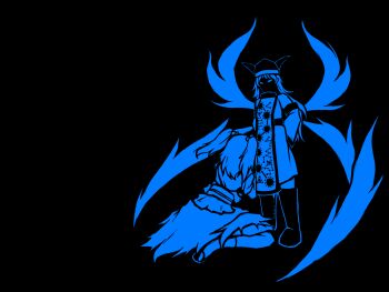 Rule 34 | 1girl, 2girls, album cover redraw, arms behind back, arrow (symbol), blue theme, boots, commentary, derivative work, dress, english commentary, from behind, full body, hair bobbles, hair ornament, hat, highres, long hair, long sleeves, looking at another, matara okina, monochrome, multiple girls, occultonic, onozuka komachi, praying, simple background, standing, tabard, touhou, two side up, ultrakill, wings