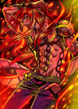 Rule 34 | 1boy, abs, absurdres, arm tattoo, commentary request, diavolo, embers, fire, fishnet top, fishnets, green eyes, hand in pocket, hand up, highres, jojo no kimyou na bouken, long hair, looking at viewer, makeup, male focus, pants, purple pants, red hair, sayuri28050, solo, tattoo, toned, toned male, vento aureo, wristband