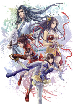 3girls armor black_hair blue_eyes bracelet branch breasts brown_hair choker cleavage dagger dress dual_wielding eat eat0123 fighting_stance frills gauntlets hair_ornament hairband hand_fan headband holding jewelry kicking knife large_breasts long_hair multiple_girls necklace original ponytail purple_eyes ribbon see-through_clothes thighhighs weapon zettai_ryouiki