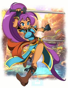 1girl big_hair cosplay dark-skinned_female dark_skin datwondoude high_ponytail highres holding holding_sword holding_weapon long_hair looking_at_viewer lyn_(fire_emblem) lyn_(fire_emblem)_(cosplay) pointy_ears ponytail shantae shantae_(series) smile sword very_long_hair weapon