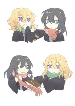 2girls absurdres alternate_costume alternate_eye_color alternate_hair_length_(longer) animal animal_request black_coat black_hair blonde_hair blue_eyes closed_mouth coat commentary dated_commentary green_necktie green_scarf grey_shirt hair_between_eyes highres holding holding_animal long_hair long_sleeves maribel_hearn mimic missing_headwear multiple_girls necktie one_eye_closed open_mouth oriharareimu purple_eyes red_necktie red_scarf scarf shirt simple_background sweatdrop touhou usami_renko white_background white_shirt wide_sleeves winter_clothes