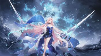 Rule 34 | 1girl, absurdly long hair, arm up, aura, azur lane, black shoes, blue dress, blue halo, breasts, cleavage, dress, flight deck, floating hair, full body, game cg, gradient halo, hair between eyes, halo, halo behind head, highres, large breasts, lexington (azur lane), lexington ii (azur lane), long hair, long hair between eyes, mechanical halo, multicolored halo, non-web source, orange hair, purple eyes, purple halo, rigging, shoes, standing, strapless, strapless dress, very long hair, water