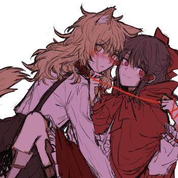 2girls alternate_costume animal_collar animal_ear_fluff animal_ears big_bad_wolf big_bad_wolf_(cosplay) blonde_hair blush boots bow brown_hair cloak closed_mouth collar commentary_request cosplay hair_bow hair_tubes hakurei_reimu hand_on_another's_chin hitte5416 holding holding_leash kemonomimi_mode kirisame_marisa leash little_red_riding_hood_(fairy_tale) little_red_riding_hood_(fairy_tale_character) little_red_riding_hood_(fairy_tale_character)_(cosplay) long_sleeves looking_at_viewer multiple_girls no_headwear red_bow red_cloak red_eyes shirt simple_background smile sweatdrop tail touhou white_background white_boots white_shirt wolf_ears wolf_girl wolf_tail yellow_eyes yuri