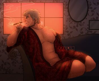 1boy arm_hair belly black_eyes black_trim chest_hair cigar commentary couch dated earrings english_commentary evening facial_hair floor goatee_stubble gravity_falls grey_hair grunkle_stan gynecomastia half-closed_eyes highres holding holding_cigar indoors jewelry leg_hair looking_to_the_side old old_man on_couch open_clothes open_robe parted_lips plump red_robe robe see-through_robe short_hair short_sleeves shoulder_hair single_earring sitting smoke stomach_hair stubble sweatdrop teeth twitter_username vicartless window wrinkled_skin yokozuwari