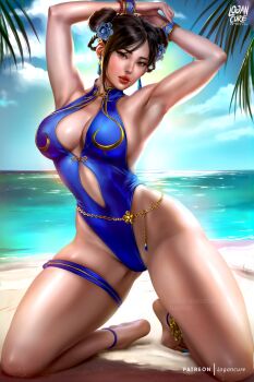1girl absurdres armpits artist_name beach black_hair blue_flower blue_one-piece_swimsuit breasts brown_eyes capcom chun-li cloud earrings flower hair_flower hair_ornament highres jewelry kneeling lips logan_cure ocean one-piece_swimsuit palm_leaf parted_lips patreon_username shadow sky solo street_fighter street_fighter_6 swimsuit twitter_username