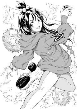 1girl absurdres ayumuhotaka black_hair bracelet choppy_bangs cube_hair_ornament dive_ball earclip greyscale hair_ornament highres holding holding_poke_ball hood hood_down hoodie jacket jewelry leg_up leggings lida_(pokemon) long_hair long_sleeves looking_at_viewer looking_back lower_teeth_only monochrome nintendo open_mouth poke_ball pokemon pokemon_legends:_z-a shoes smile solo teeth topknot