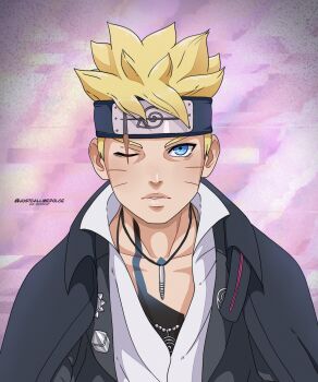1boy black_cape black_headband black_jacket blonde_hair blue_eyes boruto:_two_blue_vortex cape chest_tattoo commentary english_commentary forehead_protector headband highres jacket jewelry justcallmedolce konohagakure_symbol lips male_focus naruto_(series) necklace scar scar_across_eye scar_on_face solo tattoo twitter_username uzumaki_boruto