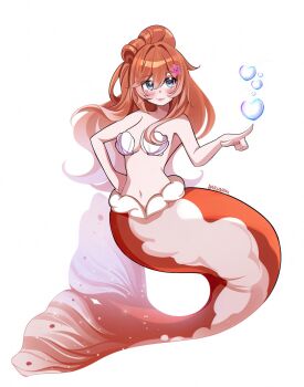 1girl :3 artist_name bikini blue_eyes blush breasts bubble closed_mouth commentary double-parted_bangs english_commentary full_body hair_between_eyes hair_ornament hair_over_breasts hair_over_one_breast hand_up harunaki heart_bubbles highres index_fingers_raised indie_virtual_youtuber large_breasts long_hair looking_at_viewer mermaid mermaidselphy_(vtuber) monster_girl navel orange_hair shell shell_bikini simple_background sketch smile solo starfish_hair_ornament swimsuit virtual_youtuber white_background white_bikini