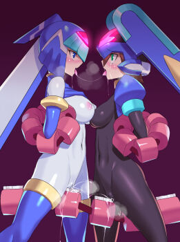 2girls aile_(mega_man_zx) armor arms_behind_back blue_eyes blue_helmet blue_jacket blue_shirt blush breasts brown_hair clitoral_stimulation clothes_lift colored_skin covered_erect_nipples covered_navel cowboy_shot fairy_leviathan_(mega_man) forehead_jewel from_side green_eyes helmet in-franchise_crossover jacket medium_breasts mega_man_(series) mega_man_zero_(series) mega_man_zx model_l_(mega_man) multiple_girls navel nipples power_armor profile pussy_juice restrained saliva saliva_trail shirt shirt_lift short_hair tears trait_connection ukimukai white_skin yuri