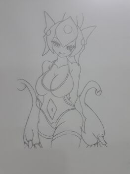 Rule 34 | 1girl, digimon, digimon (creature), fins, frog girl, head fins, helmet, monochrome, monster girl, one-piece swimsuit, pixiv (6627369), ranamon, smile, swimsuit, traditional media, wide hips