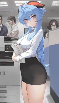 2boys 2girls absurdres ahoge alternate_costume black_skirt blue_hair collared_shirt dolri formal_clothes ganyu_(genshin_impact) genshin_impact goat_horns highres holding holding_paper horns long_hair long_sleeves looking_at_viewer multiple_boys multiple_girls office office_lady paper paper_stack pencil_skirt photocopier shirt shirt_tucked_in skirt smoking white_shirt