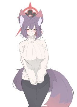 Rule 34 | 1girl, absurdres, alternate costume, alternate hair length, alternate hairstyle, amebrew, animal ear fluff, animal ears, black hair, black pants, blue archive, breasts, casual, colored inner hair, commentary request, eyeshadow, fox ears, fox girl, fox tail, halo, highres, large breasts, looking at viewer, makeup, multicolored hair, pants, red eyeshadow, red halo, short hair, smile, solo, sweat, sweater, tail, turtleneck, turtleneck sweater, wakamo (blue archive), white background, yellow eyes