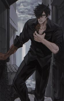 1boy alley bad_id bad_twitter_id black_hair burn_scar city cloud cloudy_sky collared_shirt domo_(domo_kizusuki) half-closed_eyes hand_on_own_chest highres hurt male_focus messy_hair muscular muscular_male one_eye_covered original outdoors pants pectoral_cleavage pectorals rain scar shirt sky solo sweatdrop tusks