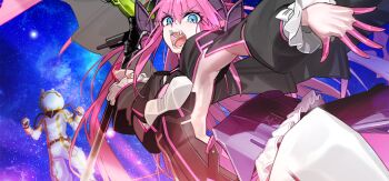 1boy 1girl armor blue_eyes blue_sky clothing_cutout colored_extremities dragon_girl dragon_horns dragon_wings elizabeth_bathory_(fate) elizabeth_bathory_(perfect)_(third_ascension)_(fate) fangs fate/grand_order fate_(series) fujimaru_ritsuka_(male) fujimaru_ritsuka_(male)_(captain_chaldea) game_cg helmet holding holding_polearm holding_weapon horns large_variant_set long_hair long_sleeves looking_at_viewer official_art open_mouth pink_hair pointy_ears polearm sky space space_helmet spacesuit star_(sky) third-party_source variant_set very_long_hair wada_arco weapon wings