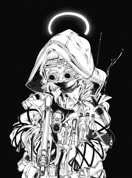 1girl absurdres arius_student_(blue_archive) black_background blue_archive braid commentary_request cowboy_shot front_ponytail greyscale gun hair_ribbon halo highres holding holding_gun holding_weapon jacket korean_commentary lightningace long_hair long_sleeves monochrome night_vision_device pouch ribbon simple_background solo weapon