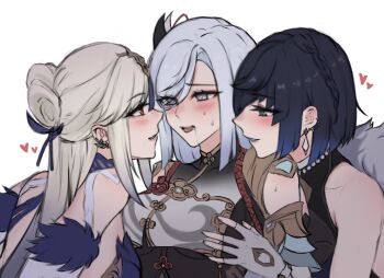 Rule 34 | 3girls, a ai ri, blue hair, blue streaks, blush, braid, breasts, commentary, crown braid, drooling, earrings, fingerless gloves, genshin impact, gloves, green eyes, grey gloves, grey hair, half updo, heart, heart-shaped pupils, highres, jewelry, linked piercing, long hair, medium breasts, medium hair, multiple girls, ningguang (genshin impact), ningguang (orchid's evening gown) (genshin impact), open mouth, piercing, red eyes, saliva, shenhe (genshin impact), short hair, simple background, sweatdrop, symbol-shaped pupils, upper body, white background, yelan (genshin impact), yuri