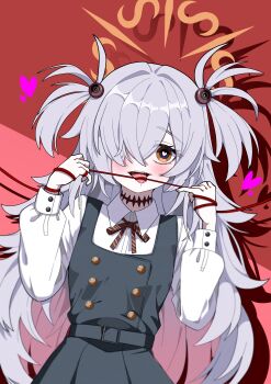 1girl :d absurdres black_dress black_eyes blue_archive blush bright_pupils brown_eyes brown_ribbon buttons choker collared_shirt commentary cowboy_shot days_(user_zehd4554) diagonal-striped_ribbon double-breasted dress drop_shadow eyeball_hair_ornament grey_hair hair_intakes hair_over_one_eye halo hands_up heart heart-shaped_pupils highres kanoe_(blue_archive) long_bangs long_hair long_sleeves looking_at_viewer lovestruck multicolored_eyes neck_ribbon one_eye_covered open_mouth orange_halo pinafore_dress pinky_out puffy_long_sleeves puffy_sleeves red_background ribbon saliva school_uniform shirt simple_background sleeveless sleeveless_dress smile solo spiked_hair string string_of_fate symbol-shaped_pupils teeth thick_eyebrows tongue tongue_out two-tone_eyes two_side_up upper_teeth_only very_long_hair white_pupils white_shirt