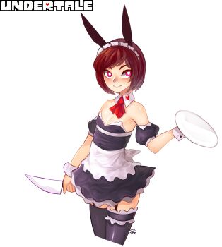 1girl 3gs animal_ears bad_id bad_pixiv_id brown_hair chara_(undertale) female_focus highres knife maid maid_headdress purple_eyes rabbit_ears short_hair smile solo thighhighs tray undertale utdr_(toby_fox)