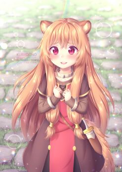 1girl animal_ear_fluff animal_ears artist_name black_dress blush brown_dress brown_hair child cobblestone collar collarbone commentary cowboy_shot deviantart_username dress eyelashes hair_between_eyes hands_up highres instagram_username knife knife_sheath kuriidono long_hair long_sleeves looking_at_viewer metal_collar metal_wrist_cuffs open_mouth outdoors pinstripe_dress pinstripe_pattern raccoon_ears raccoon_girl raccoon_tail raphtalia red_dress red_eyes scene_reference sheath sheathed short_sleeves smile solo straight_hair tail tate_no_yuusha_no_nariagari teeth two-tone_dress upper_teeth_only youtube_username