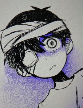 Rule 34 | 1boy, antenna hair, bandaged head, bandages, black hair, double-parted bangs, eyepatch, hair between eyes, highres, hospital gown, limited palette, looking at viewer, lying, male focus, medical eyepatch, namara074, omori, on back, parted lips, solo, spoilers, sunny (hospital gown) (omori), sunny (omori), upper body