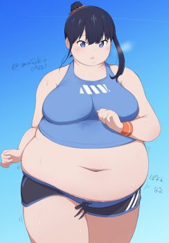 1girl absurdres belly big_belly black_hair black_shorts blue_background blue_eyes blue_shirt blush breasts crop_top exercising fat fat_woman gridman_universe hair_bun hair_ribbon highres jogging large_breasts masakin midriff muffin_top navel open_mouth orange_ribbon ribbon running shirt short_shorts shorts sleeveless solo ssss.gridman sweat sweatband takarada_rikka tank_top tight_clothes tight_shirt twitter_username workout_clothes wristband
