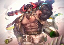 Rule 34 | 1boy, abs, absurdres, ammunition pouch, animal ears, bara, bare pectorals, belt, blurry, bulge, bullet, chest tuft, cow boy, cow ears, cow horns, cowboy shot, dated, depth of field, facial hair, fingerless gloves, furry, furry male, gloves, goatee, gun, headband, highres, horns, large bulge, large pectorals, live a hero, looking at viewer, male focus, muscular, muscular male, navel, navel hair peek, nipples, obsidius (live a hero), official alternate costume, open clothes, over shoulder, pants, pectorals, pouch, signature, smoke, smoking gun, solo, striped clothes, striped pants, thick arms, thigh belt, thigh strap, vorusu, weapon, weapon over shoulder