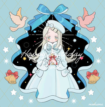 1girl absurdres artist_name bell beret bird black_background blue_bow blue_bowtie blue_dress blue_hat blush border bow bowtie brown_eyes candle candlestand character_name closed_mouth commentary_request cowboy_shot dress fire flipped_hair fur-trimmed_dress fur_trim gakuen_idolmaster grey_hair hair_ornament hairclip happy_birthday hat hat_bow highres holding_candlestand idolmaster long_hair long_sleeves looking_at_object looking_down mokume_rin ornate_border own_hands_together parallel_hairclips parted_bangs red_bow shinosawa_hiro signature smile solo