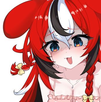 1girl ahoge animal_ear_fluff animal_ears armpit_crease babydoll black_hair black_streaks blue_eyes bow braid breasts cleavage cleavage_cutout clothing_cutout collarbone commentary_request crying double-parted_bangs ears_down fang haayung00 hair_between_eyes hakos_baelz hakos_baelz_(strawberry_onesie) hololive hololive_english jewelry korean_commentary looking_down medium_breasts mouse_ears multicolored_hair necklace open_mouth pink_babydoll red_hair sad shaded_face skin_fang strap_slip streaming_tears tears virtual_youtuber wavy_eyes white_background white_hair