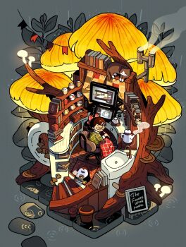 1girl bookshelf canalbooks1125 cat monitor mushroom night original rain sitting teapot