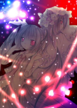 2girls bonnet bow bowtie dress embodiment_of_scarlet_devil female_focus frills head_wings kasuga_sunao koakuma looking_at_viewer multiple_girls patchouli_knowledge pink_eyes shine sparkle touhou wings