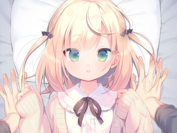 1boy 1girl bat_hair_ornament blonde_hair cardigan collared_shirt couple game_cg green_eyes hair_ornament hetero large_variant_set long_sleeves looking_at_viewer lying mainichi_kiss_shite_lolita mihato_(mainichi_kiss_shite_lolita) neck_ribbon non-web_source on_back parted_lips pillow piyodera_mucha pov pov_hands ribbon shirt short_hair sleeves_past_wrists solo_focus two_side_up upper_body variant_set