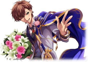 1boy belt black_necktie blue_cape bouquet brown_hair cape code_geass code_geass:_lost_stories f4samurai flower game_cg green_eyes happy kururugi_suzaku multiple_belts necktie official_art one_eye_closed open_mouth short_hair smile solo teeth