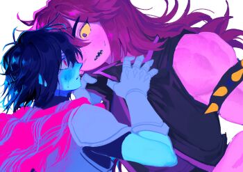 1girl 1other armlet armor bare_shoulders black_shirt black_vest blue_hair blue_skin blush cape clothes_grab colored_sclera colored_skin commentary_request deltarune freckles from_behind gauntlets grey_armor hair_between_eyes hair_over_one_eye hands_up highres hush_gf jewelry korean_commentary kris_(dark_world)_(deltarune) kris_(deltarune) long_hair looking_at_another monster_girl muscular muscular_female open_clothes open_mouth open_vest pauldrons pink_cape pink_eyes purple_hair purple_skin purple_tank_top sharp_teeth shirt short_hair short_sleeves shoulder_armor simple_background sparkle spiked_armlet susie_(dark_world)_(deltarune) susie_(deltarune) sweatdrop tank_top teeth upper_body utdr_(toby_fox) vest white_background wide-eyed yellow_sclera