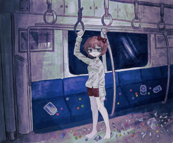 1girl arm_up barefoot blue_eyes bow breast_pocket broken_glass collared_shirt commentary_request depressed doki_doki_literature_club eyelashes full_body glass hair_bow highres jar long_sleeves noose official_alternate_costume open_mouth pink_hair pocket red_bow red_shorts rittokuyudukisana rope sayori_(doki_doki_literature_club) shirt short_hair shorts solo spoilers standing train_interior white_shirt