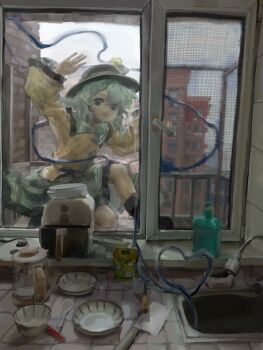 Rule 34 | 1girl, absurdres, black boots, black hat, boots, bowl, buttons, collared shirt, diamond button, eyeball, faucet, frilled shirt collar, frilled skirt, frilled sleeves, frills, green eyes, green hair, green skirt, hat, hat ribbon, highres, kitchen, komeiji koishi, liumdarkzhiyin, long sleeves, looking at viewer, open mouth, ribbon, shirt, skirt, smile, solo, third eye, touhou, wide sleeves, yellow ribbon, yellow shirt