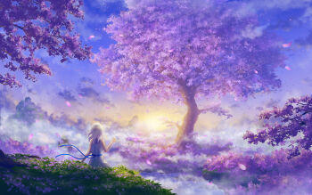 1girl above_clouds absurdres au_ito bare_arms blue_ribbon cloud commentary_request dress dress_ribbon falling_petals fantasy floating_clothes floating_hair floating_island from_behind gradient_sky grass highres long_hair original oversized_plant petals plant plant_focus ribbon scenery sitting sky sleeveless sleeveless_dress solo straight_hair sun sunset tree white_dress white_hair wide_shot wind