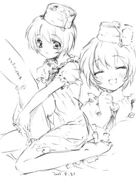 1girl barefoot bisuke-tan ever_17 closed_eyes food food_on_head graphite_(medium) greyscale hug kamiya_maneki kfc kneeling monochrome object_on_head open_mouth short_hair sitting sketch smile syrup traditional_media wariza you