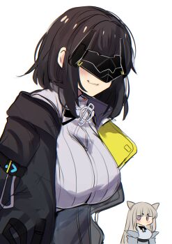 2girls absurdres arknights arknights:_endfield black_hair black_jacket endministrator_(arknights) female_endministrator_(arknights) grey_hair grey_sweater highres hinghoi jacket mask multiple_girls perlica_(arknights) purple_eyes ribbed_sweater short_hair simple_background smile sweater upper_body white_background