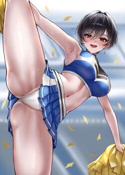 1girl black_hair blue_shirt cheerleader commentary_request confetti cropped_shirt earrings highres jewelry lds_(dstwins97) original panties pom_pom_(cheerleading) shirt short_hair split standing standing_on_one_leg standing_split underwear white_panties
